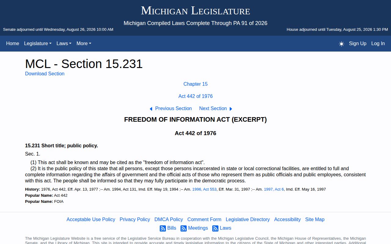 Livingston County booking record Michigan FOIA statute source